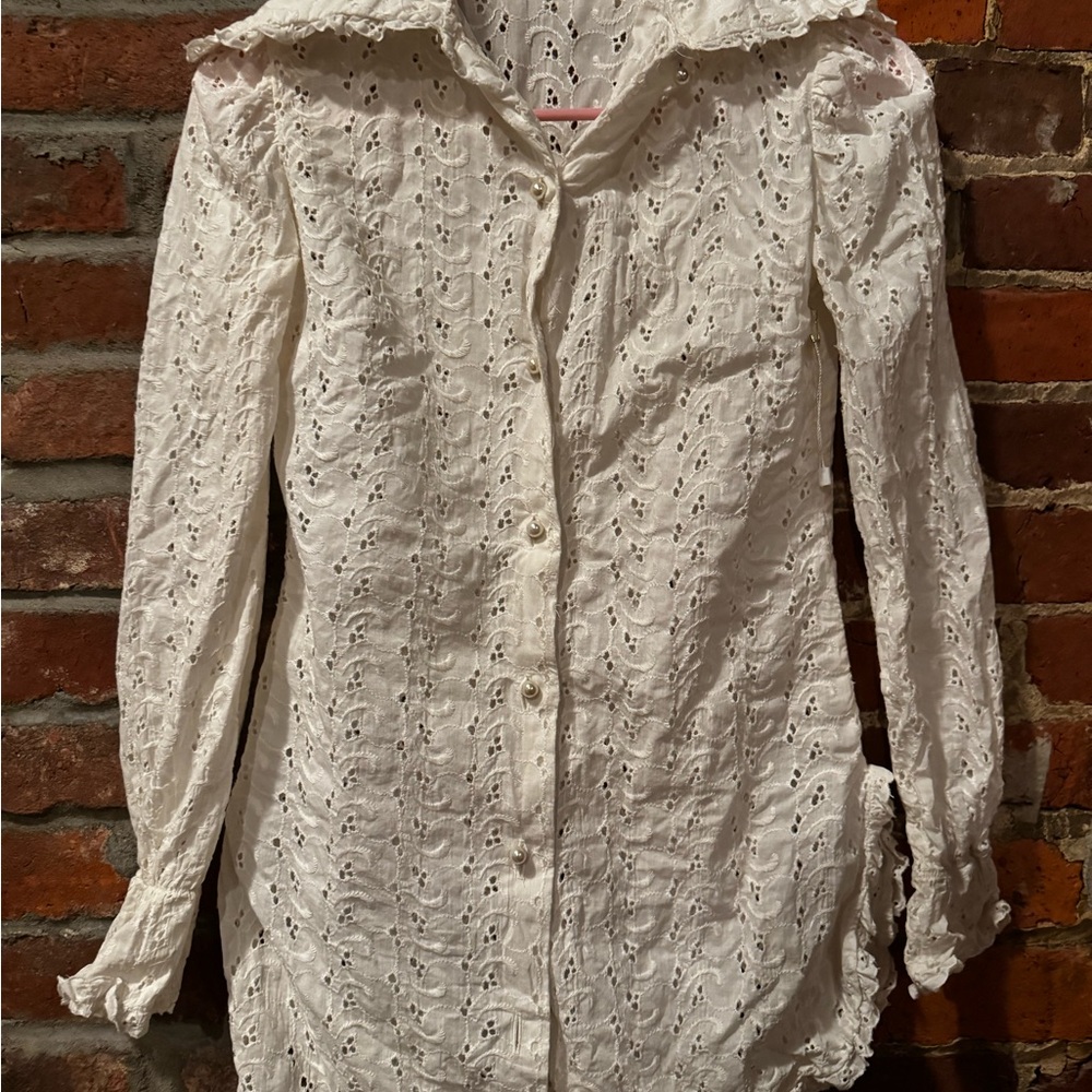 Vintage 70s White Eyelet Button-Up Blouse